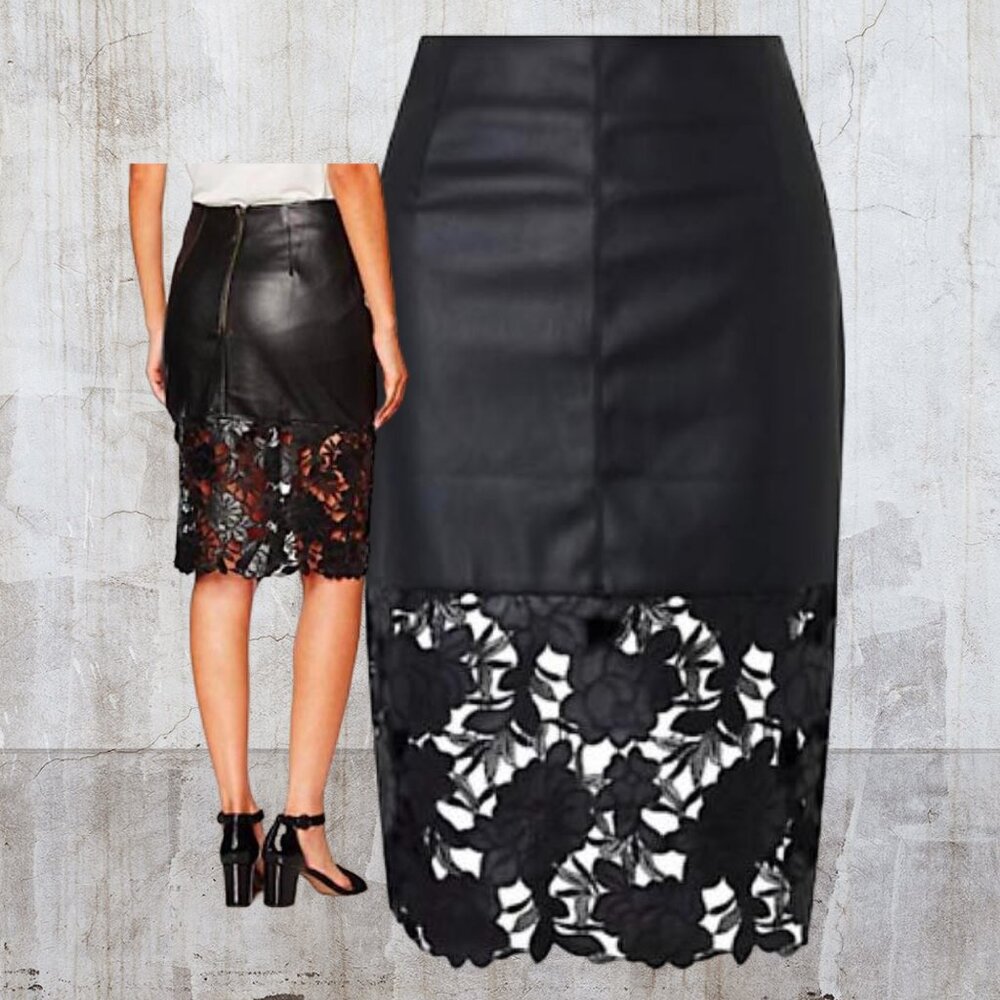 Beautiful Black Faux Leather Skirt Lace Cut out bottom - Picture 5 of 9